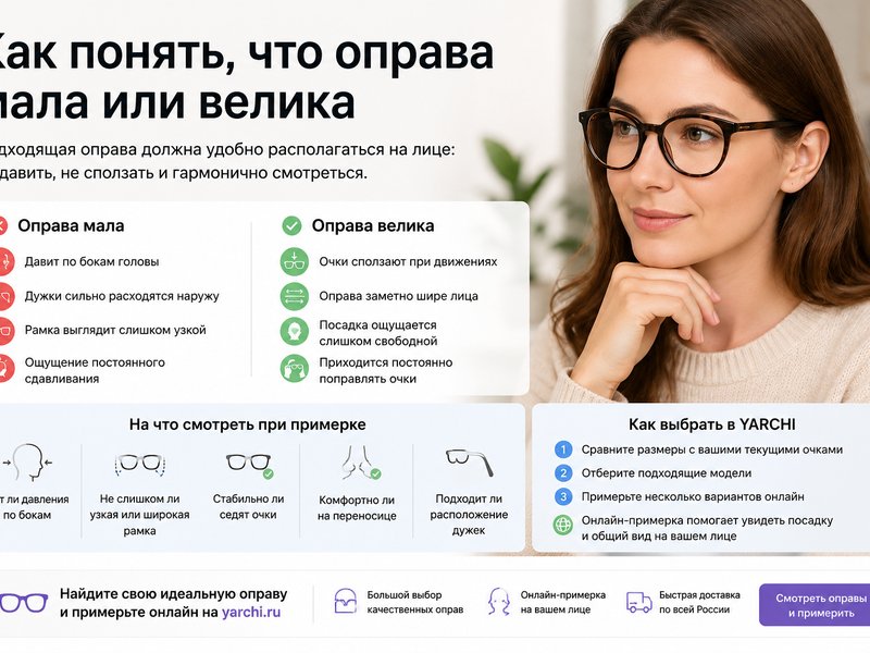 Сравнение посадки слишком маленькой, подходящей и слишком большой оправы
