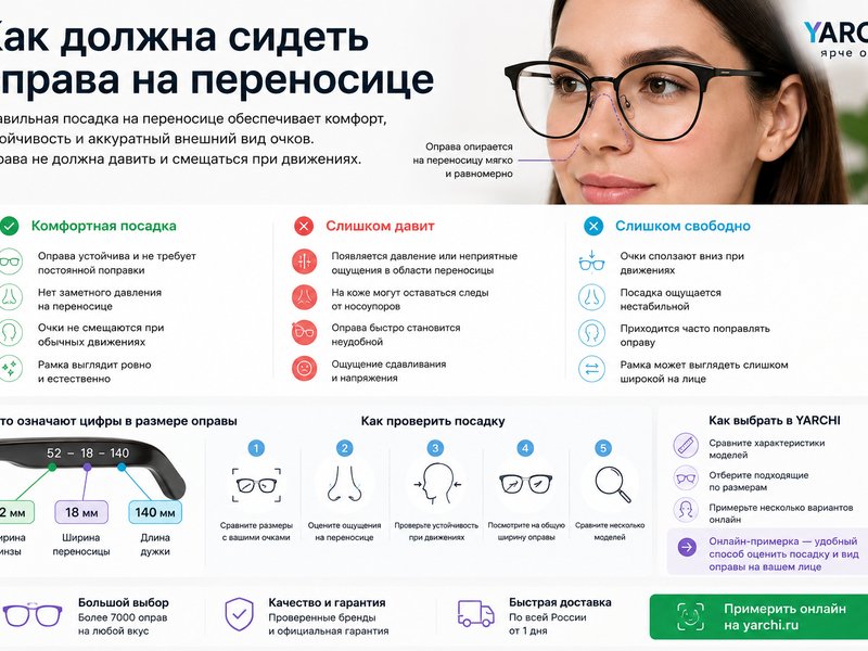Признаки комфортной, слишком тесной и слишком свободной посадки оправы на переносице