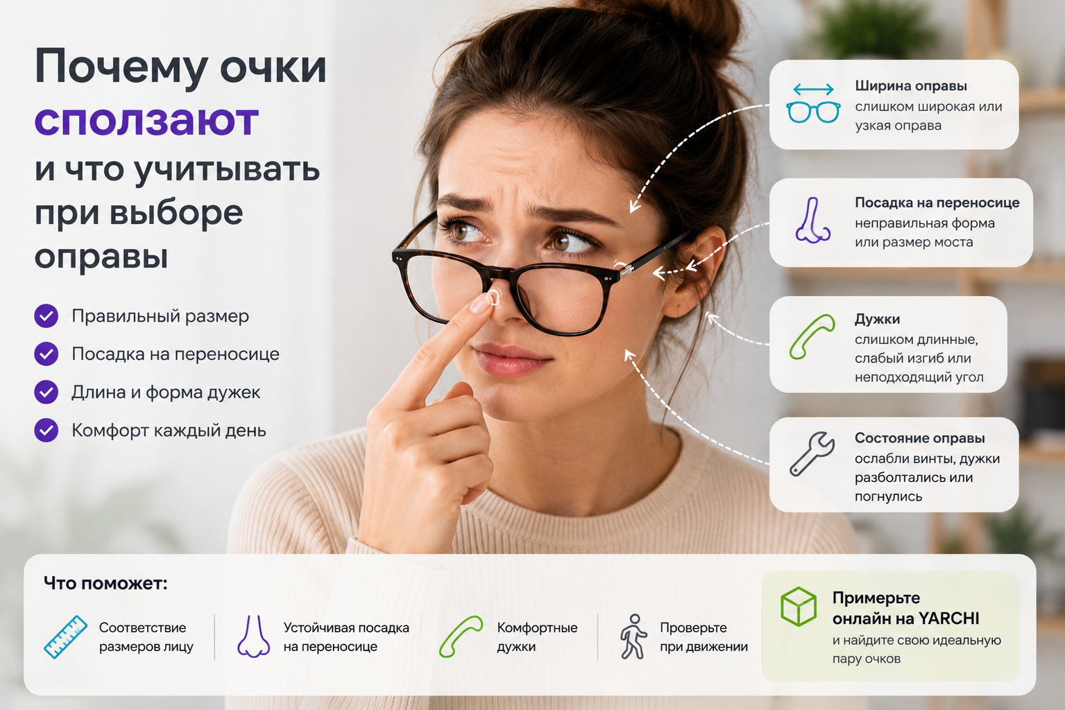 Почему очки могут сползать и какие элементы посадки оправы стоит проверить