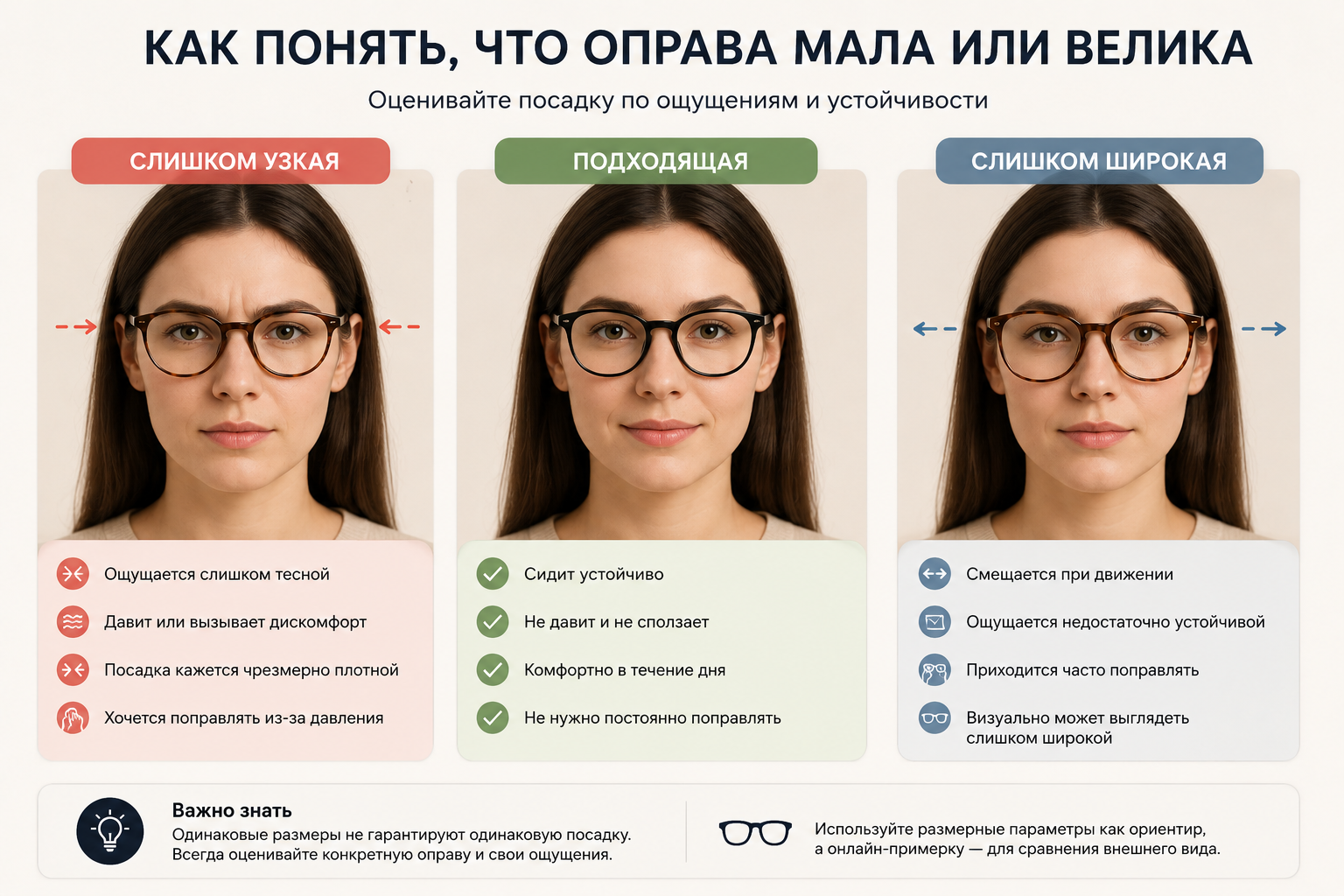 Сравнение слишком узкой, подходящей и слишком широкой посадки оправы