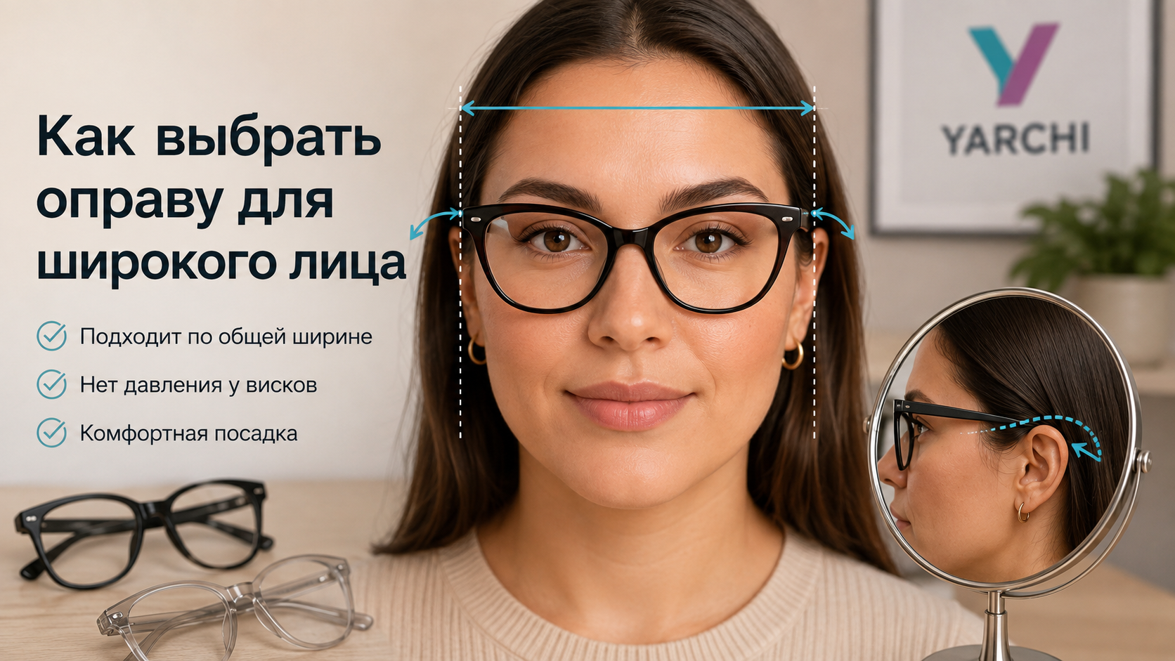 Пример пропорциональной оправы на широком лице