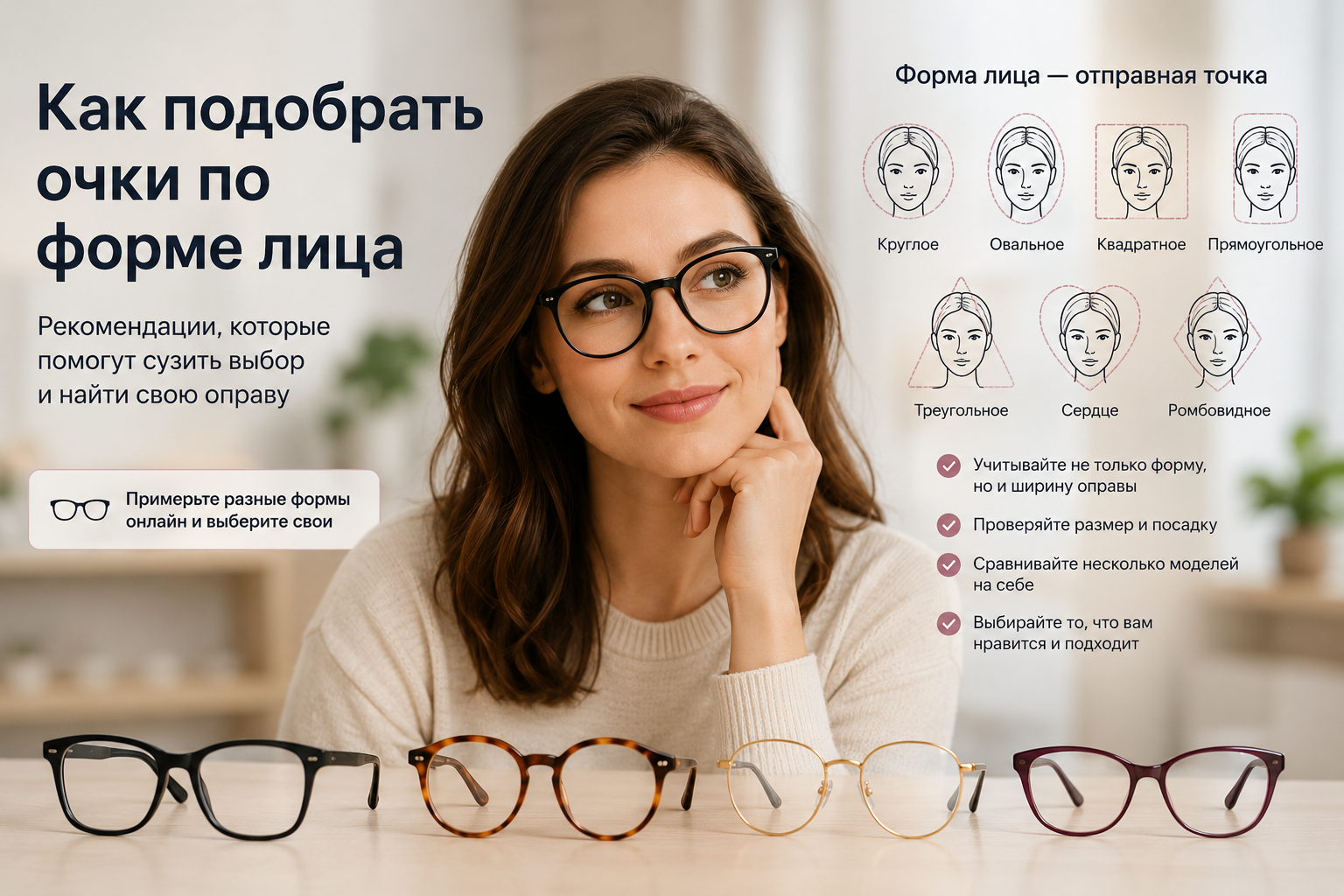 Человек в очках сравнивает разные формы оправ для выбора по форме лица