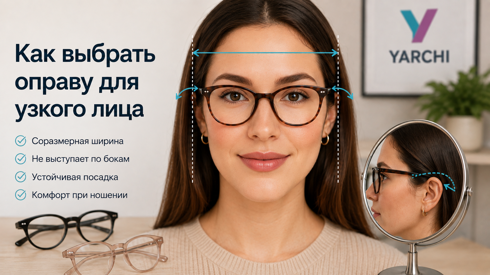Пример пропорциональной оправы на узком лице