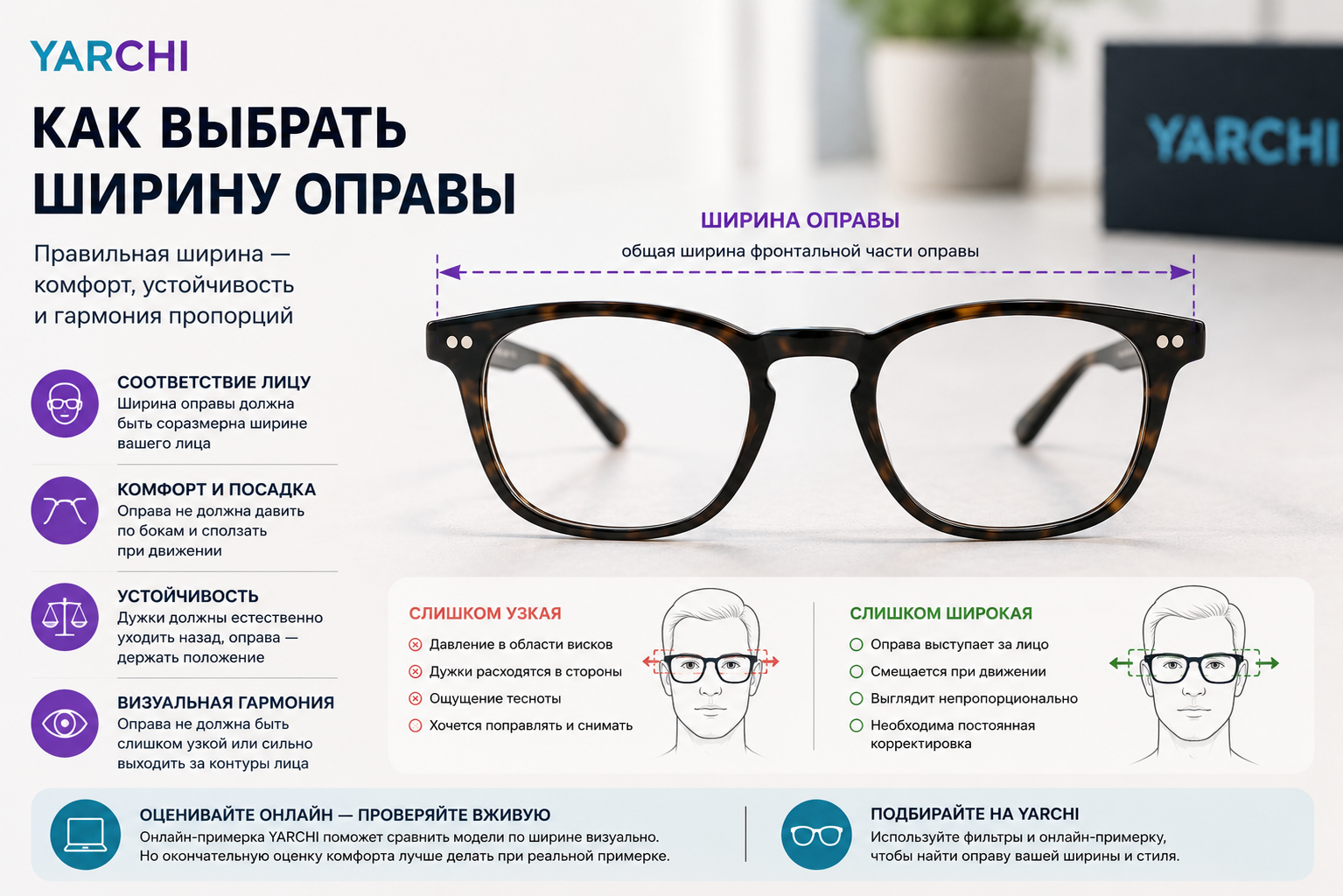 Оправа очков с обозначением общей ширины фронтальной части