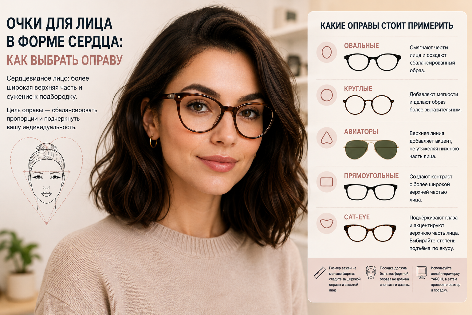 Пример оправы и подходящих форм очков для лица в форме сердца